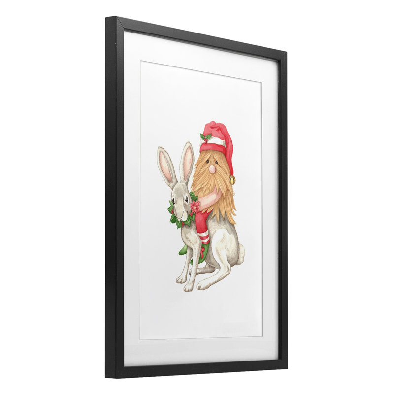 Santa's Elf Riding Rabbit Framed Print Under Glass, design by Nancy Overton, 23" H x 17" W, Midnight Black Frame