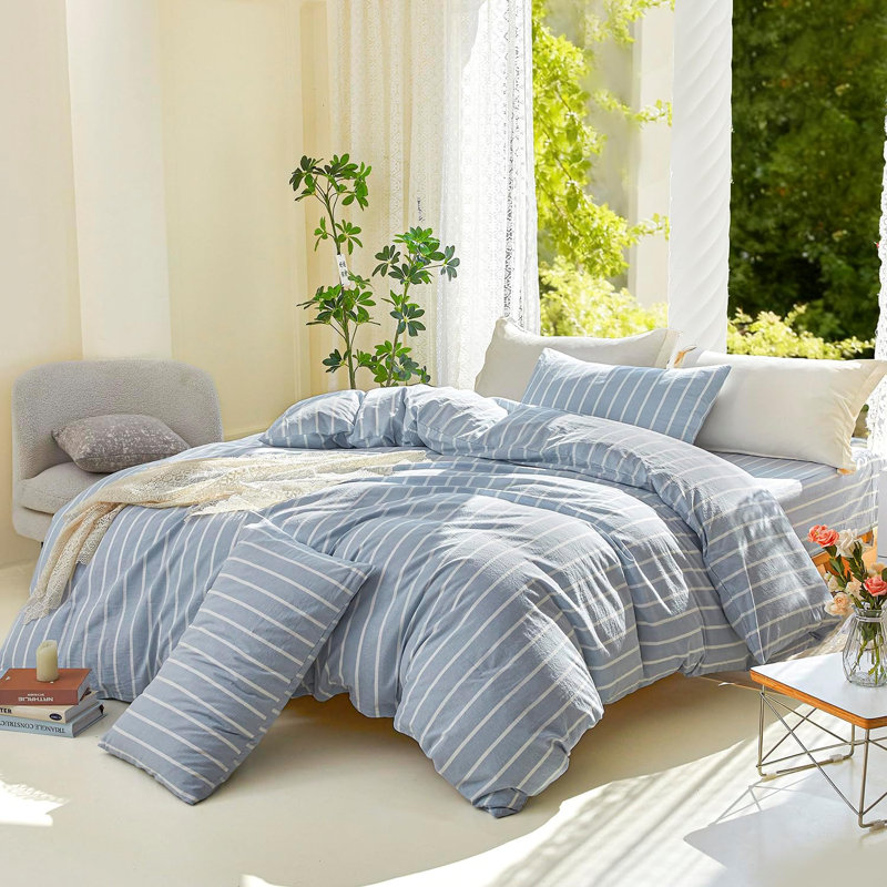 Ensemble de housse de couette à rayures 100% coton lavé DONEUS, ensemble de literie texturé 3 pièces avec fermeture à glissière