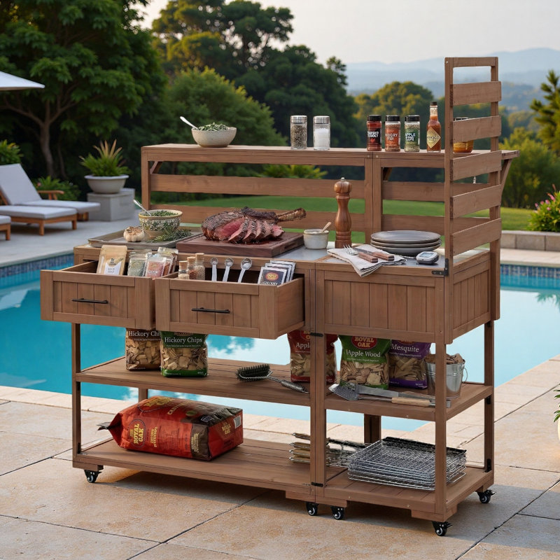 Îlot de cuisine pour patio avec plateau en acier inoxydable, tablette surélevée, tiroirs et tablettes ouvertes, Brown