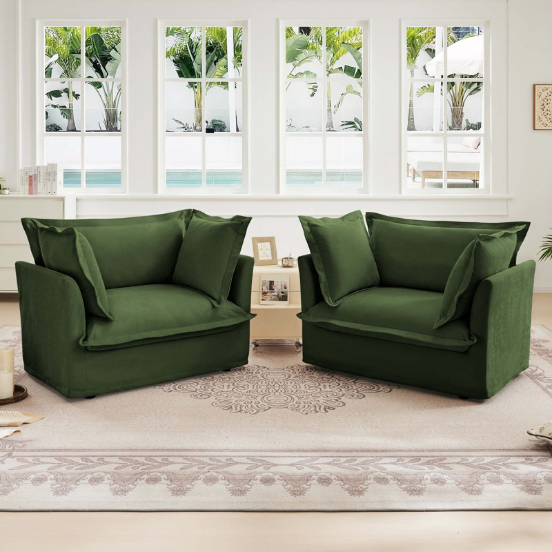 Ensemble de 2 fauteuils avec housse et siège profond, Chenille verte