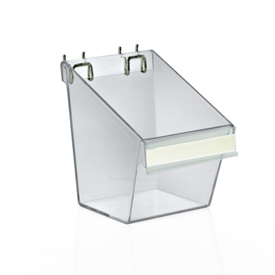Small Clear Plastic Molded Bucket, Storage Container Bin for Pegboard, Slatwall, or Counter with Label Holder on Front and 2 Metal U-Hooks, Size: 5.25"W x 6.25"D x 6.875"H, 4-Pack