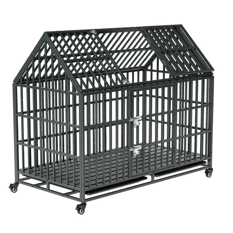Cage pour chien noire robuste de 52 pouces avec toit réglable, espace confortable, roulettes maniables, plateau, serrure sécurisée pour une utilisation intérieure, sous-pièce de toit simple, grand espace intérieur canin, mobile, bien rangé