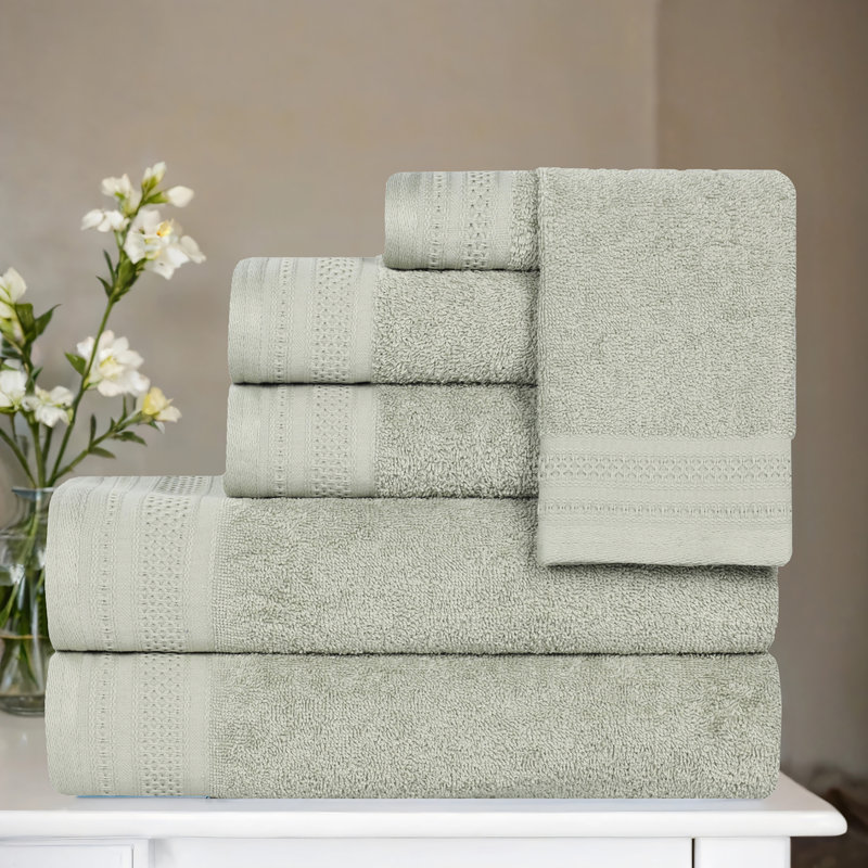 Honeycomb Textured Waffle Border Cotton Medium Weight 6 Piece Towel Set, Sage