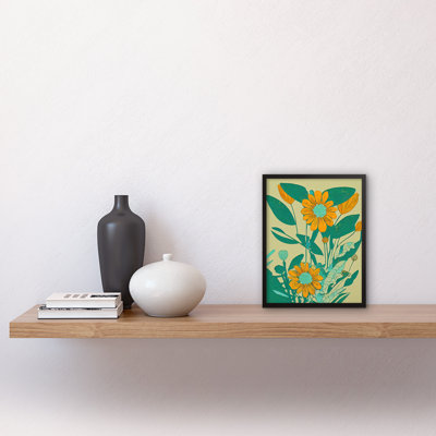 Yellow Flower Turquoise Colourful 1 Piece Single Picture Frame Wall Art