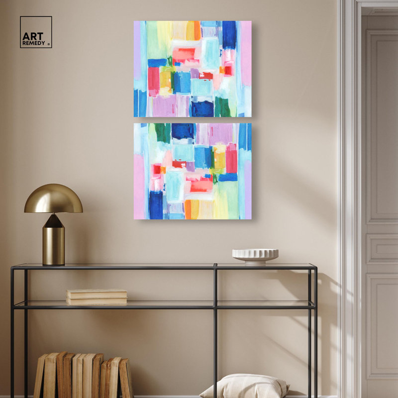 «Pastel Diamonds Set», ensemble de 2 œuvres d'art abstraites bleues par Art Remedy, Toile tendue, H 16 po x l 20 po