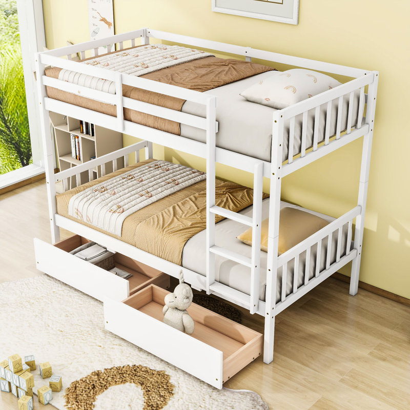 Lit superposé en bois 2 tiroirs avec échelle, Simple sur simple, Blanc