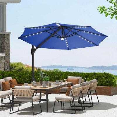 Parasol de patio décalé avec lumières solaires à DEL et rotation à 360 °, parasol de marché en porte-à-faux avec lève-manivelle pour terrasse de jardin