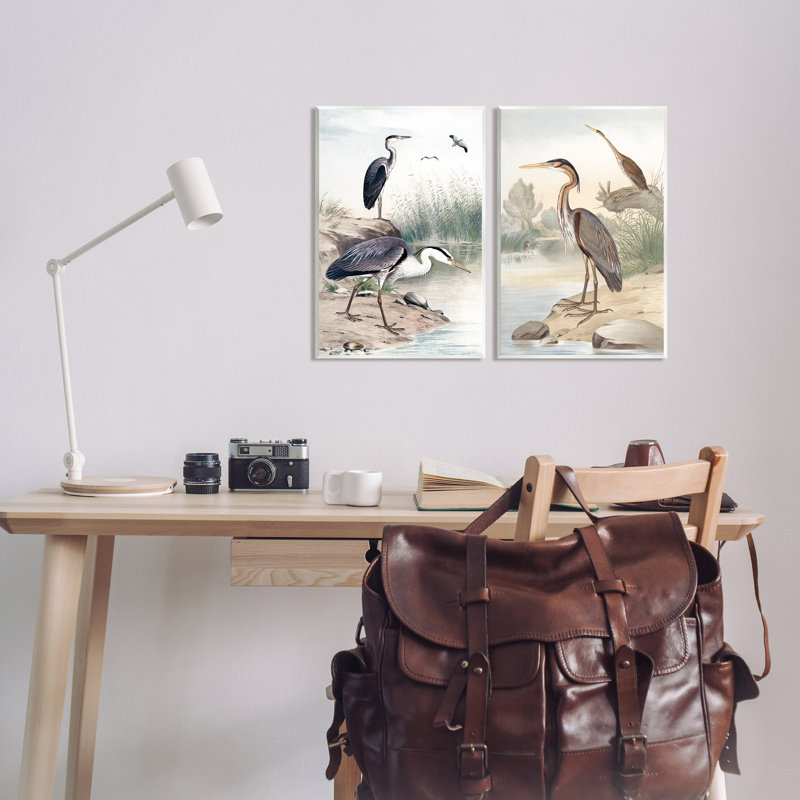 «Elegant Heron Birds Forager River Edge Scene» par Piddix - ensemble de 2 impressions non encadrées