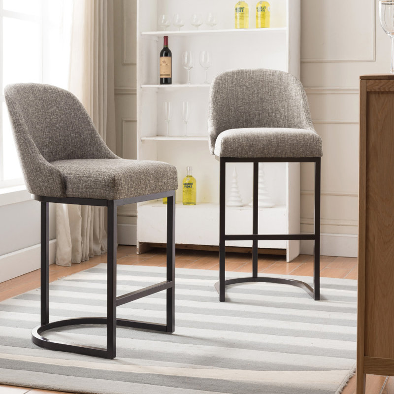 Barrelback Stool with Linen Seat and Metal Base, Gray Linen/Espresso Frame, 2, Counter Stool (26.5" Seat Height)