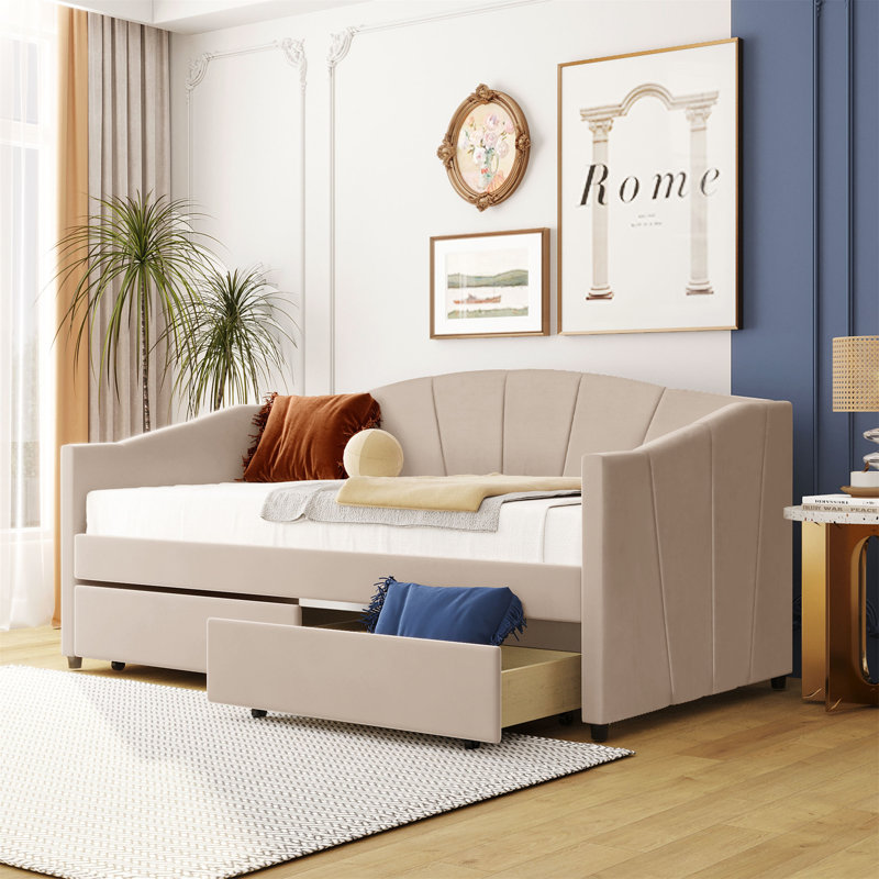 Kacy Upholstered Daybed with Trundle, Sofa Bed, Beige, Twin 1