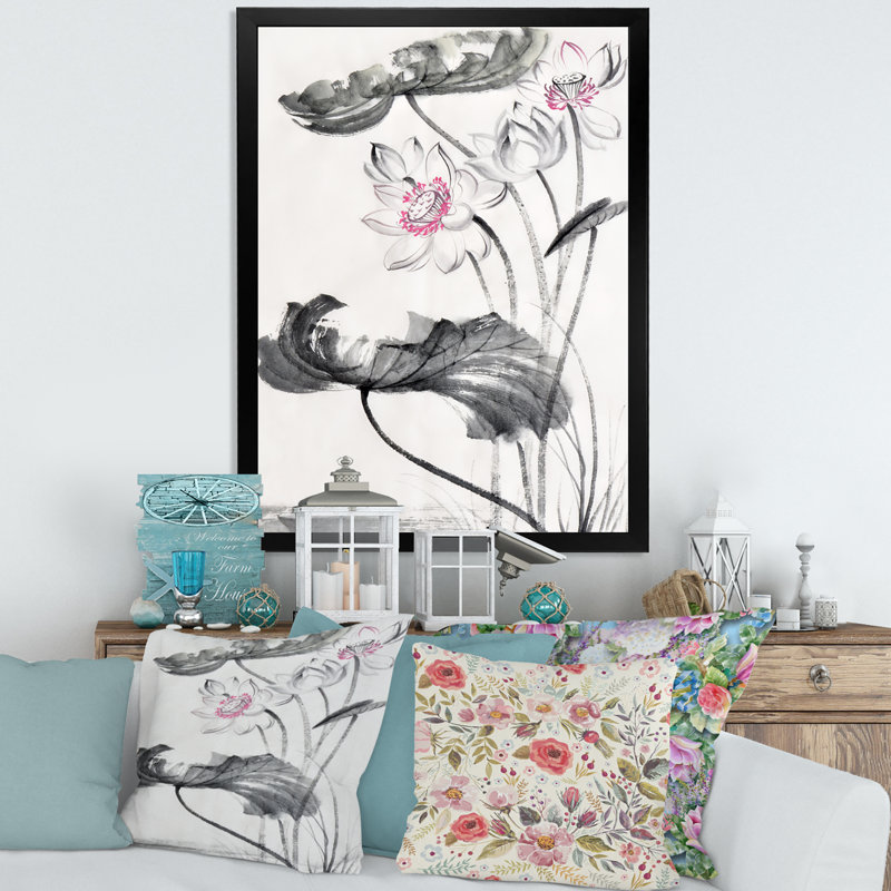 Fleurs de lotus rétro - reproduction sur toile, Toile avec cadre noir, H 40 po x l 30 po x P 1,5 po