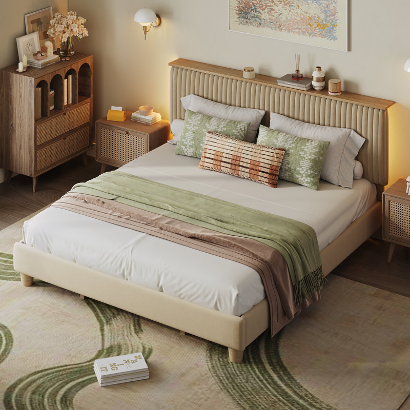 Lit plateforme tapissier Abe avec tête d'éclairage DEL, Double, Taupe