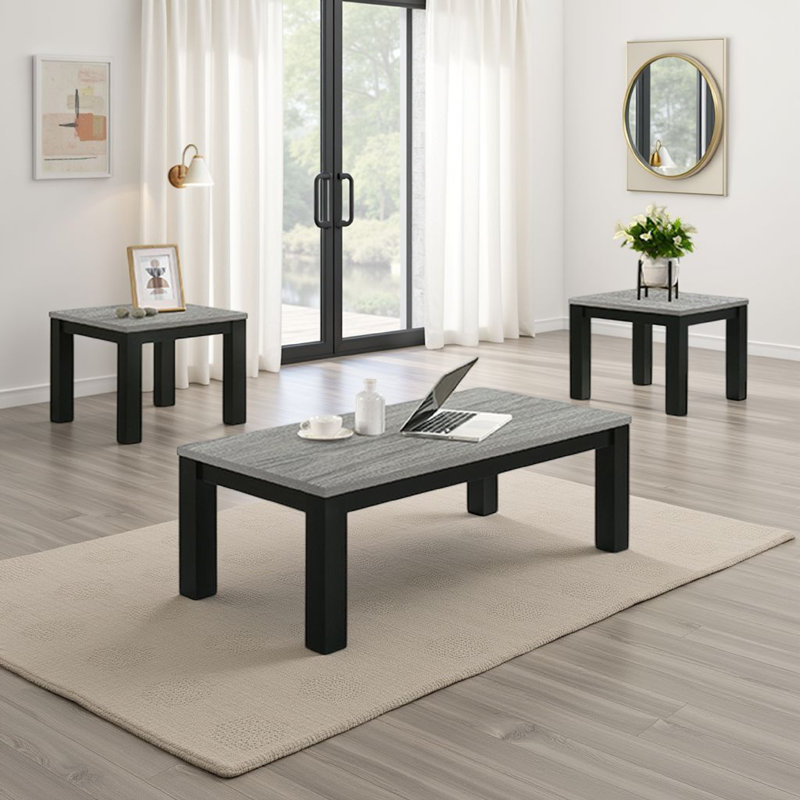 Ensemble de tables basses et de bout Tex 3 pièces, plateau brun, pieds en bois, Gris