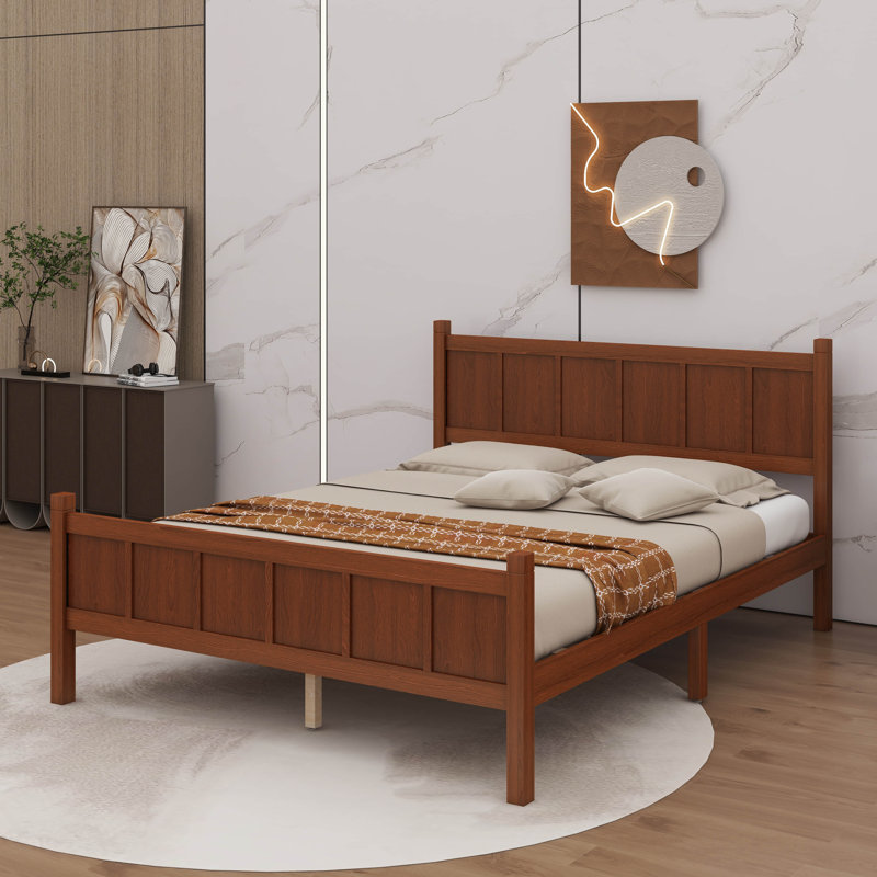Base de lit en bois avec finition grain de bois, lit plateforme avec tête de lit et support à lattes de bois, Grand lit