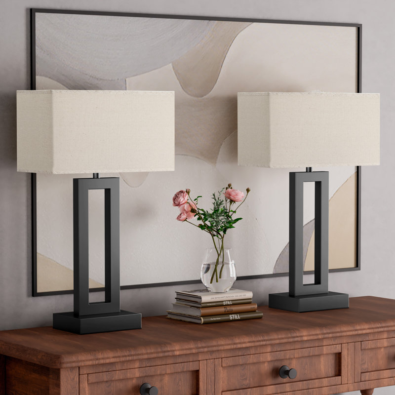 Lampe de table moderne en métal 22 po 22 po avec contrôle tactile et USB A&C, Black/Beige