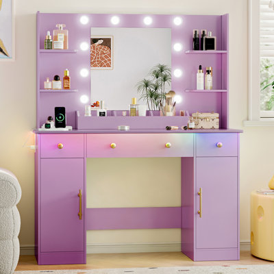 Meuble-lavabo 43,7 po de style ferme avec miroir lumineux et prise de courant, 3 tiroirs