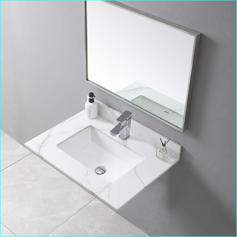 Plateau de meuble-lavabo en pierre frittée or 31 po avec lavabo encastré blanc Carrara 31 po | Trou de robinet simple, dosseret inclus | Blanc | Pierre frittée