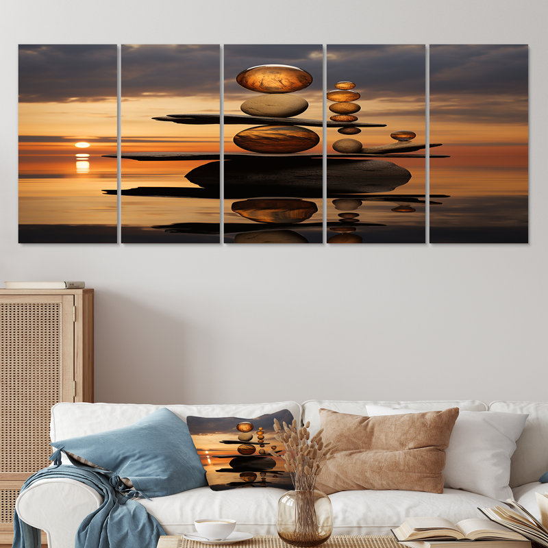 Cairn of Golden Spheres - Spiritual Stone, art mural 5 pièces, H 32 po x l 80 po