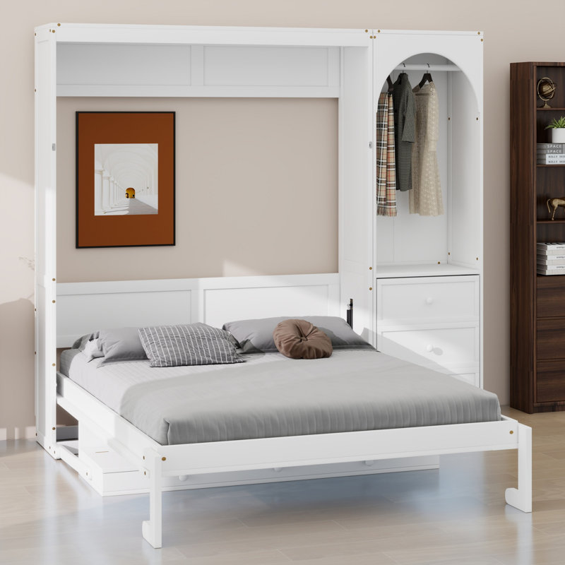 Lit escamotable classique avec 3 tiroirs, tablette de rangement et tringle pour garde-robe, Blanc