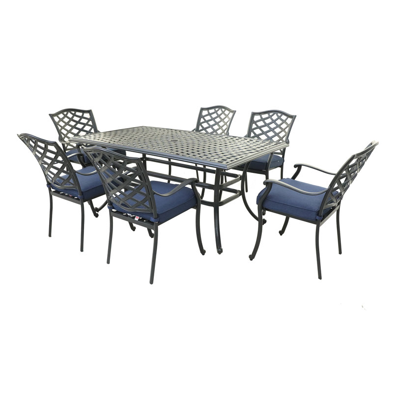 Ensemble de salle à manger rectangulaire en aluminium pour 6 personnes de 68 po avec coussins Annecorinne, Marine