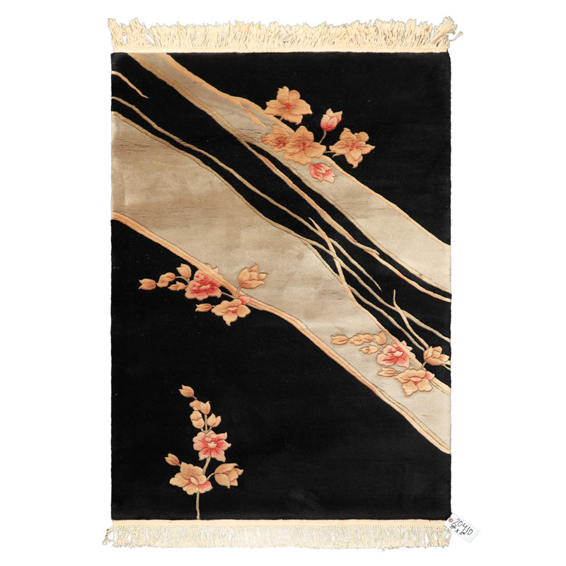 Tapis floral transitionnel art déco noir et gris en laine noué à la main 3 pi 6 po x 5 pi 6 po