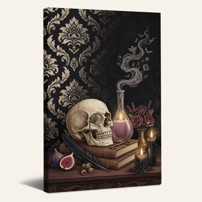 Impression sur toile, crâne gothique et livres avec roses aux chandelles