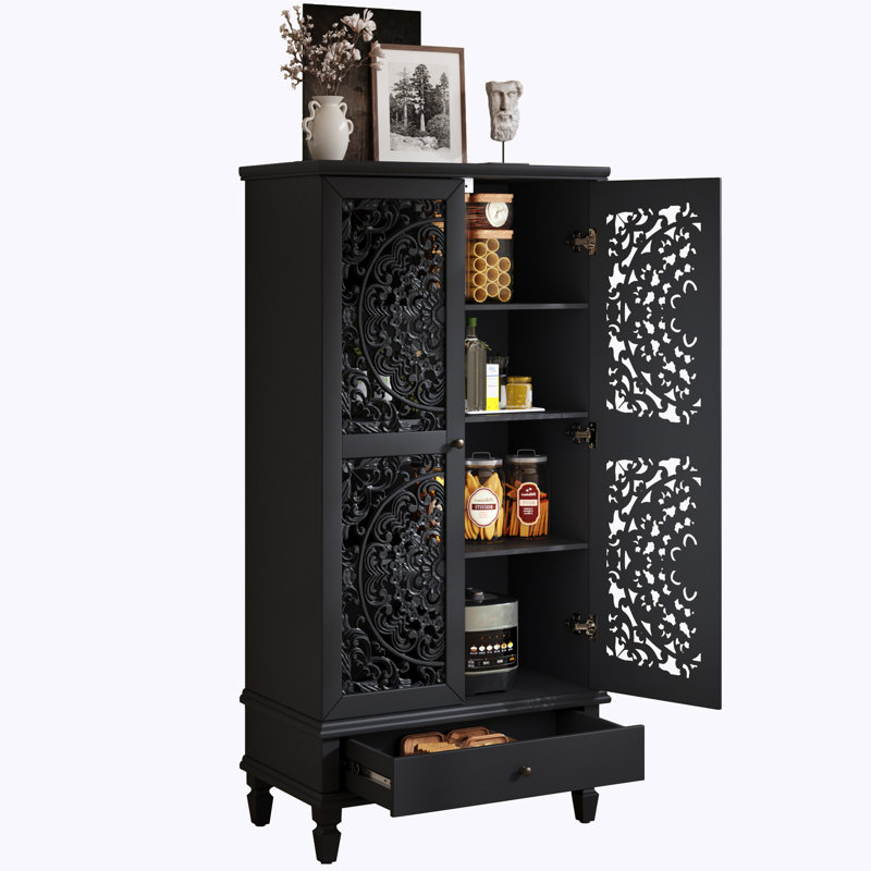 Grande armoire de rangement rustique avec tiroir et portes en bois sculpté, pieds en bois massif pour une organisation multi-pièces et un style intemporel.