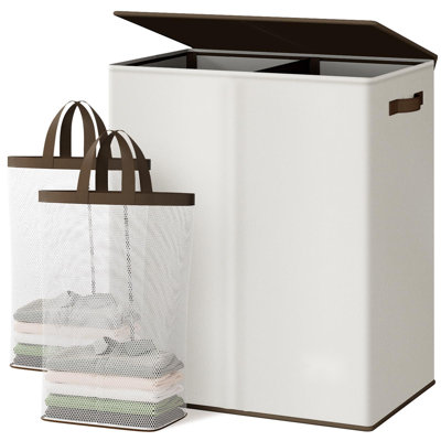 Luxury Double Laundry Hamper With Lid And Removable Bags, Large Hamper For Laundry, Laundry Basket 2 Sections, Collapsible Ditry Clothes Hamper For Bedroom, Laundry Room, Bathroom, Off-White