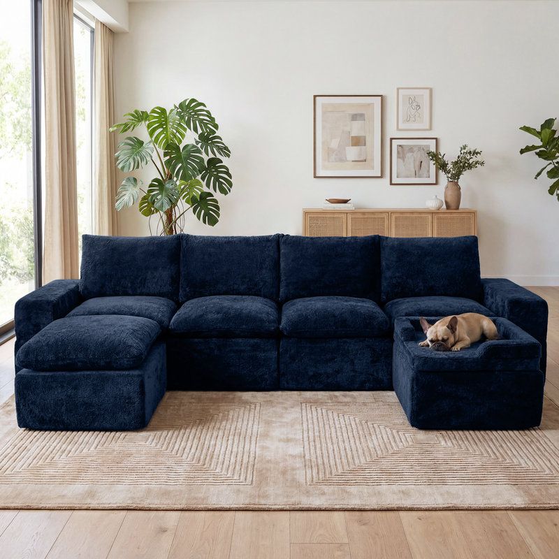 Canapé modulaire modulaire en velours écrasé avec repose-pieds pour lit de chien, sans assemblage, canapé en forme de L en nuage compressé avec coussins en mousse à double couche, bleu marine