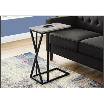 C-Shaped Accent Table For Living Room And Bedroom, Modern Design With Sliding Base, Grey Wood-Look Top, Black Metal Frame.