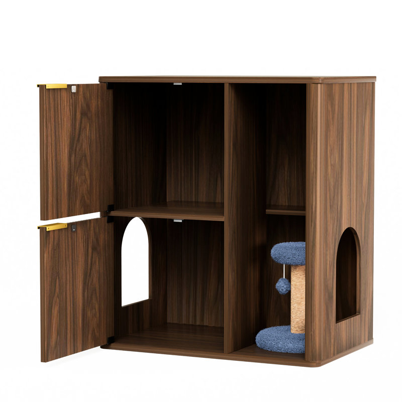 Litière en noyer pour chat avec porte à deux battants de 31,5 po de profondeur. Il dissimule la boîte d'une manière élégante et fonctionnelle, offre deux points d'entrée pour les chats et possède une tablette de rangement intégrée. Fabrication en bois long