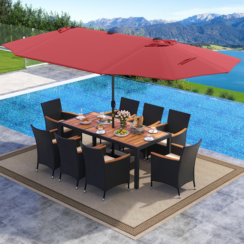 Ensemble de 11 ensembles de salle à manger de patio avec parasol à double face de 15 pieds (base incluse) vin, Beige