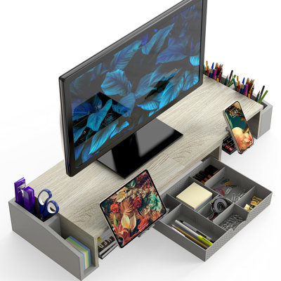 Desk Dual Monitor Stand Riser With Drawer, Maple