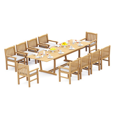 10 Seats 11 Pcs Grade-A Teak Wood Dining Set: 94" Double Extension Mas Rectangle Trestle Leg  Table And 10 Devon Armless Chairs #11DV2100