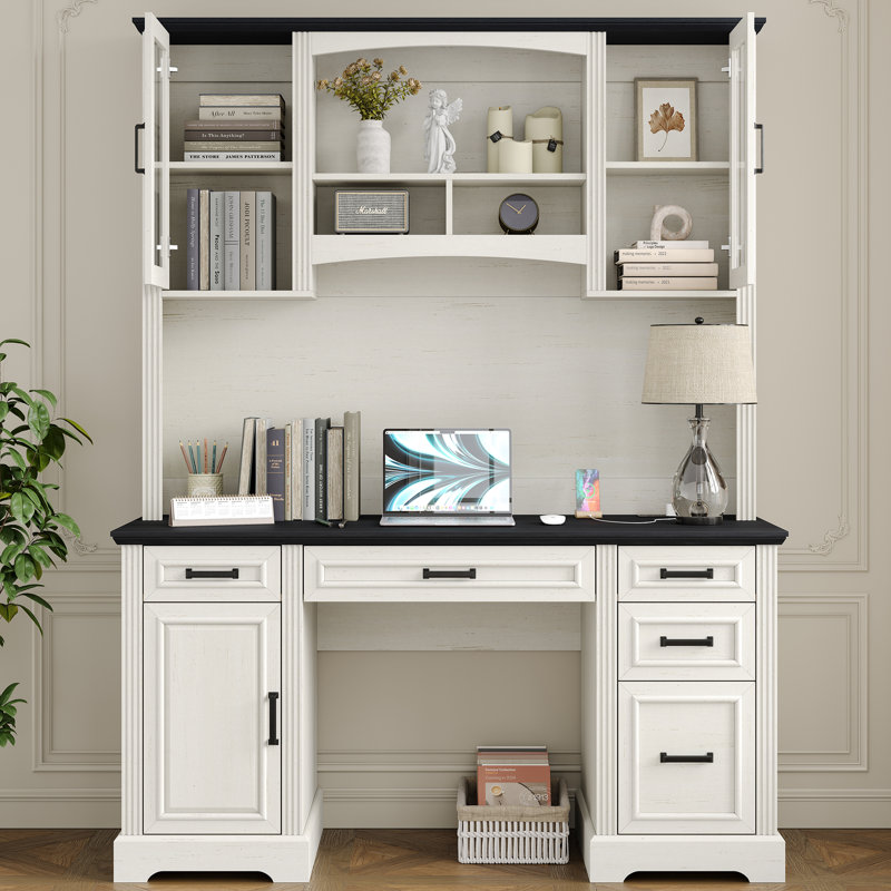 Denanne 58'' W Computer Desk with Outlet and Hutch for Home Office, Black