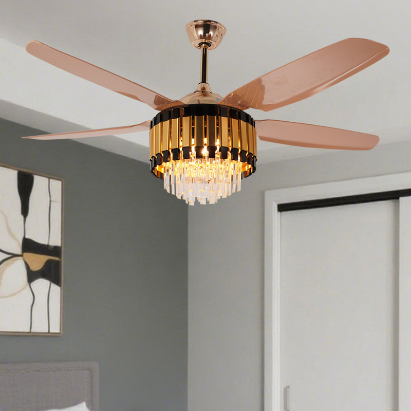 Gold Crystal Ceiling Fan With Led Light And Remote, 3-colour Dimmable