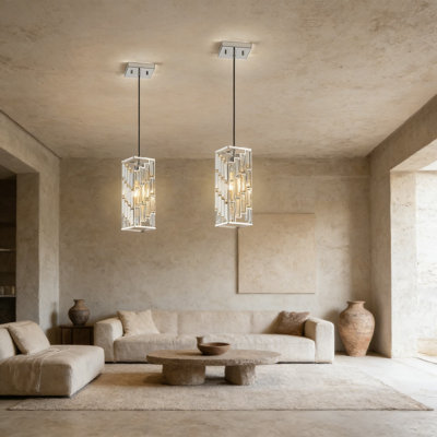Modern Adjustable Pendant Light Fixtures 2 Pack, Mini Crystal Chandelier With Chrome Frame For Kitchen Island, Dining Room, Bedroom And Hallway Lighting