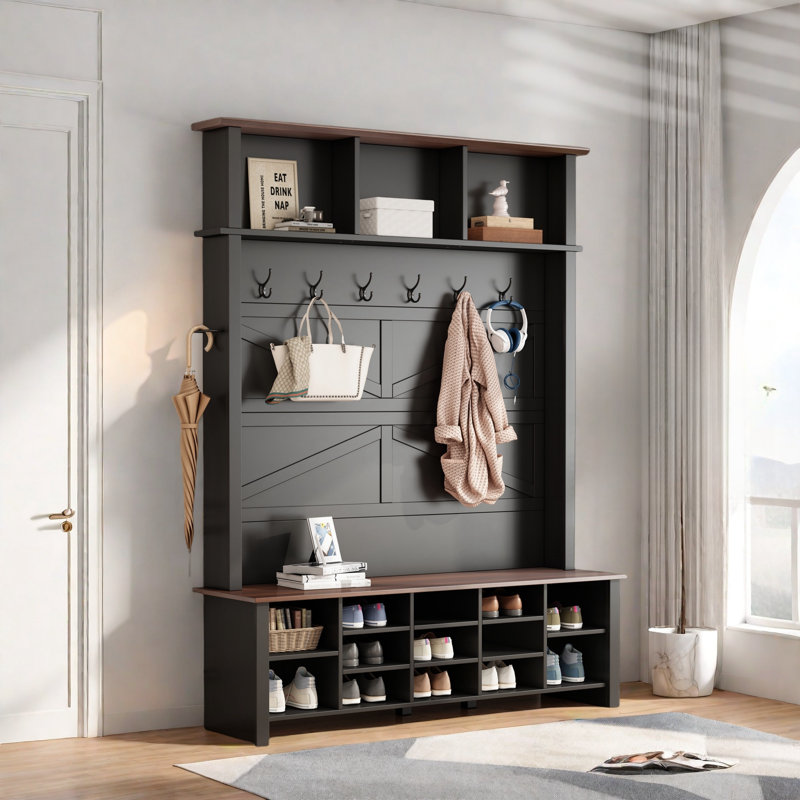 Farmhouse 4-in-1 Hall Tree With 6 Hooks, Entryway Bench With Adjustable Shelves, 16 Open Compartments And A Side Umbrella Rack