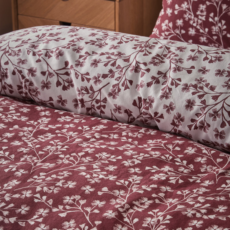 Brushed Grace Floral Leaf Cotton Reversible Duvet Cover Set, Red, Single Duvet Cover + 1 Standard Pillowcase