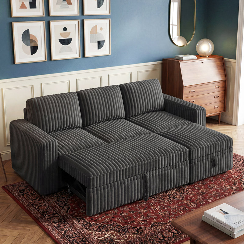 Canapé-lit modulaire en forme de L Hoelscher avec rangement gris, Velours côtelé gris foncé