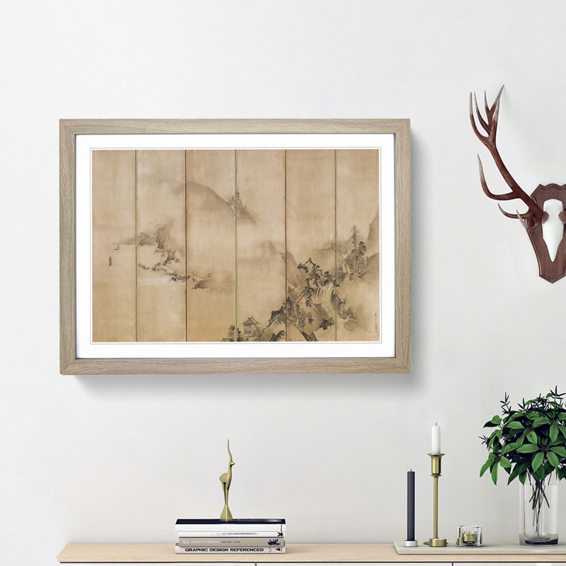 Landscape of the Four Seasons by Kano Tan'yu - Picture Frame Painting Print, 48cm H x 65cm W x 2cm D, Oak Framed