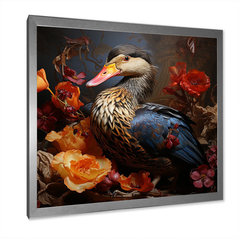 «Duckke Drake Duck At The Pond IV» - art mural animal canard, Cadre simple argenté, H 16 po x l 16 po x P 1 po