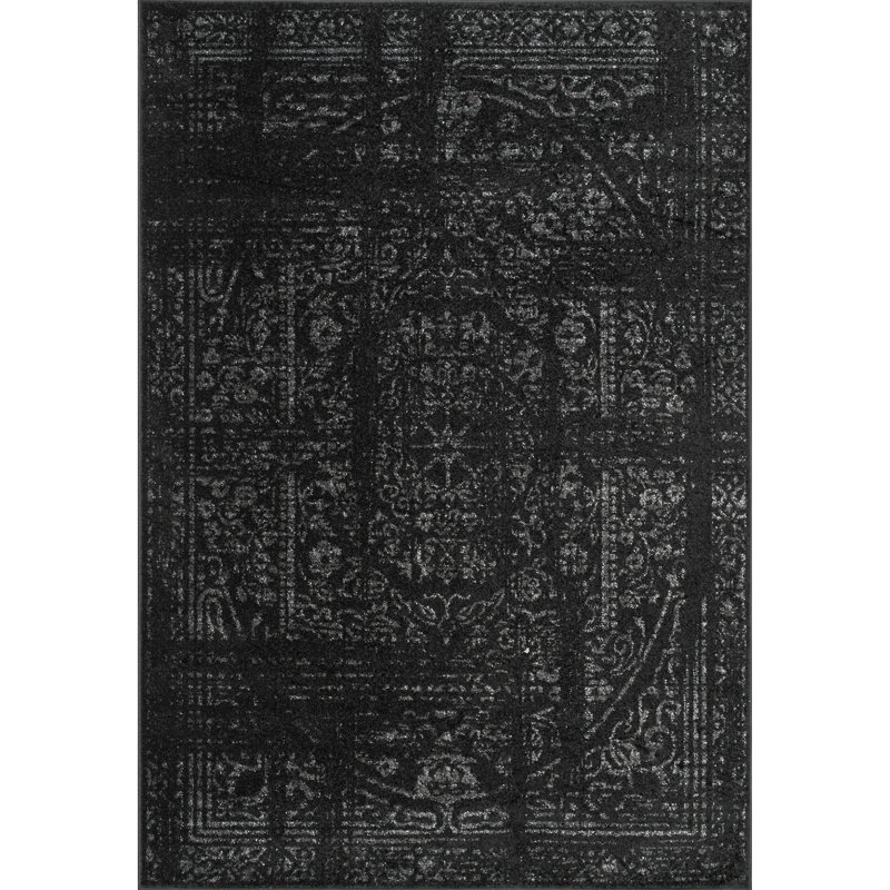 Adetoun Traditional Power Loom Performance Black/Gray Rug, Rectangle 2' x 3'