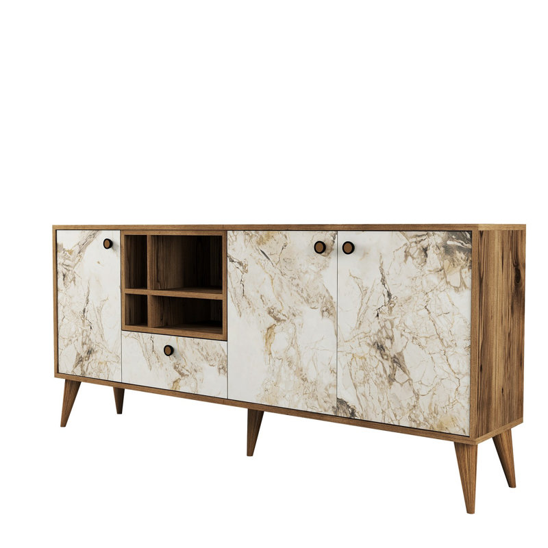 Modern Console Table, White Marble & Walnut, 70.9 x 31.9 x 13.8 inches | 100% Melamine Coated Particle Board, Thickness: 0.7 inches | Sleek Design with Plastic Handles & Legs, Multiple Shelves for Extra Storage