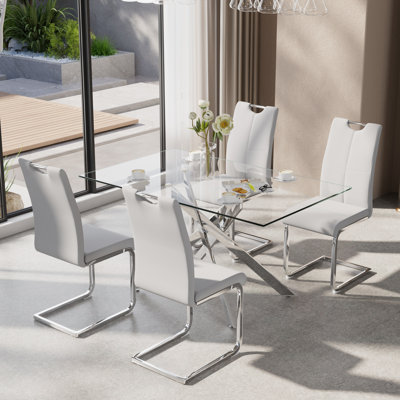 Ensemble de table de salle à manger 51 pouces en verre, ensemble de table de cuisine moderne avec chaise rembourrée en cuir polyuréthane à haut dossier pour la salle à manger de cuisine