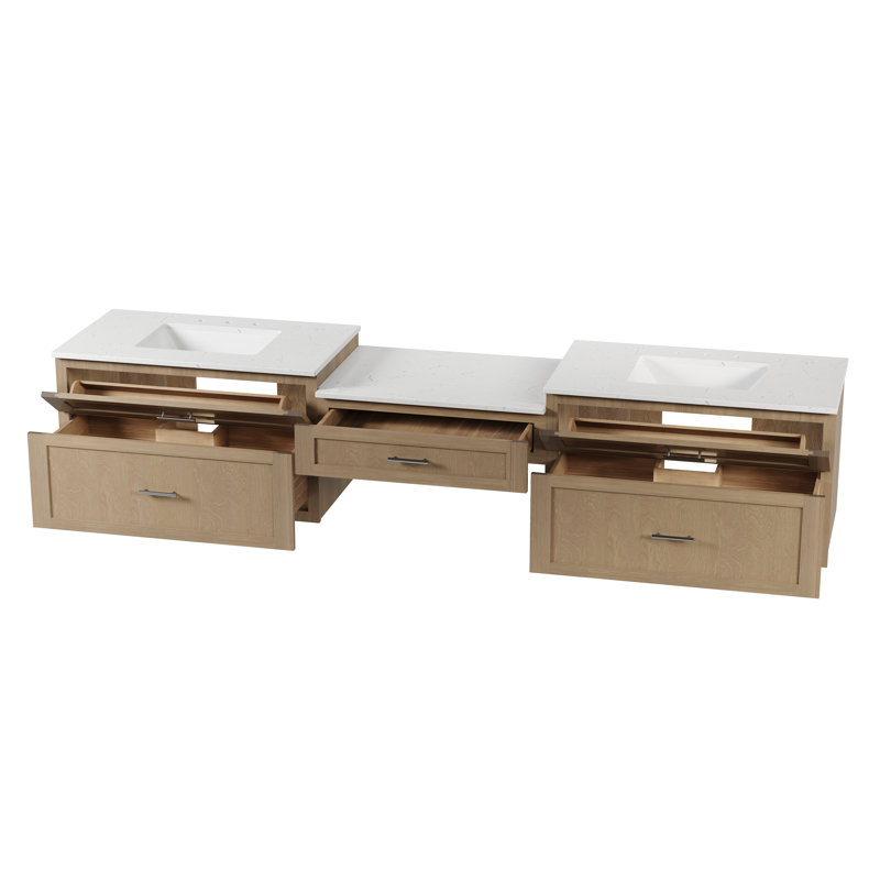 Meuble-lavabo mural flottant double 102 po avec comptoir en quartz Carrara, Chêne naturel