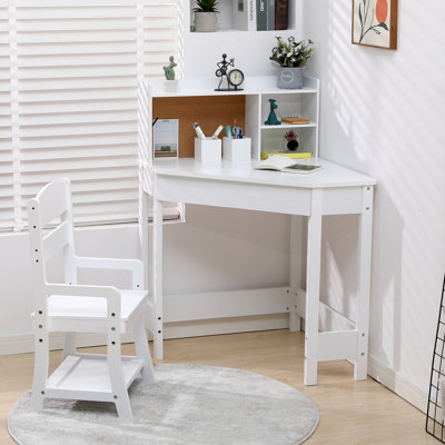 Ensemble de bureau et de chaise pour enfants, table d'étude d'angle en bois avec bibliothèque, babillard et porte-stylo, table d'écriture, blanc