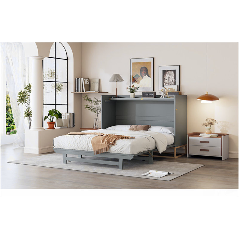 Grand lit escamotable grand avec pieds en fer, conception moderne pour un style de vie compact et élégant, Gris