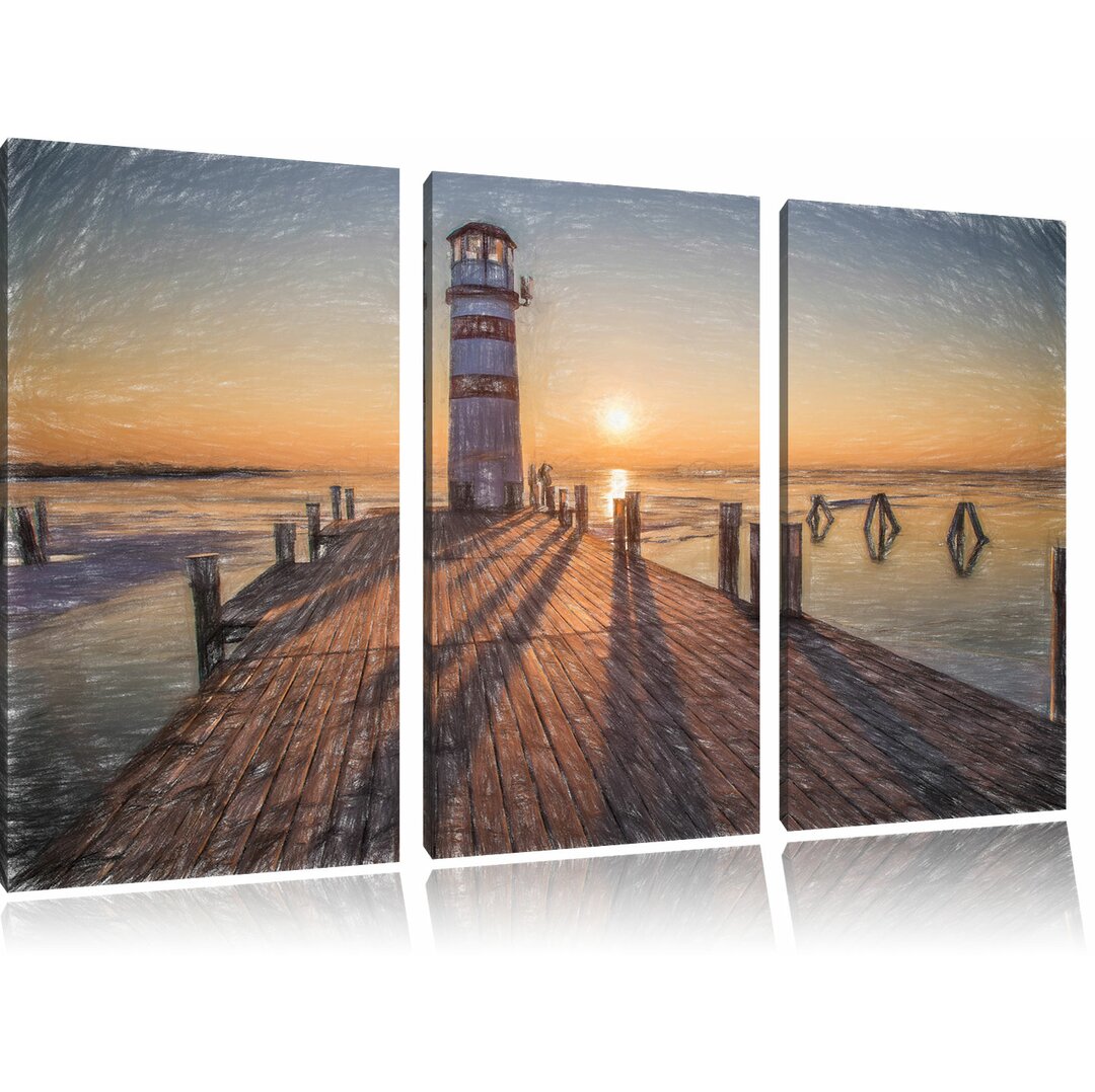 3-tlg. Leinwandbilder-Set „Leuchtturm am Steg im Sonnenuntergang“, Grafikdruck