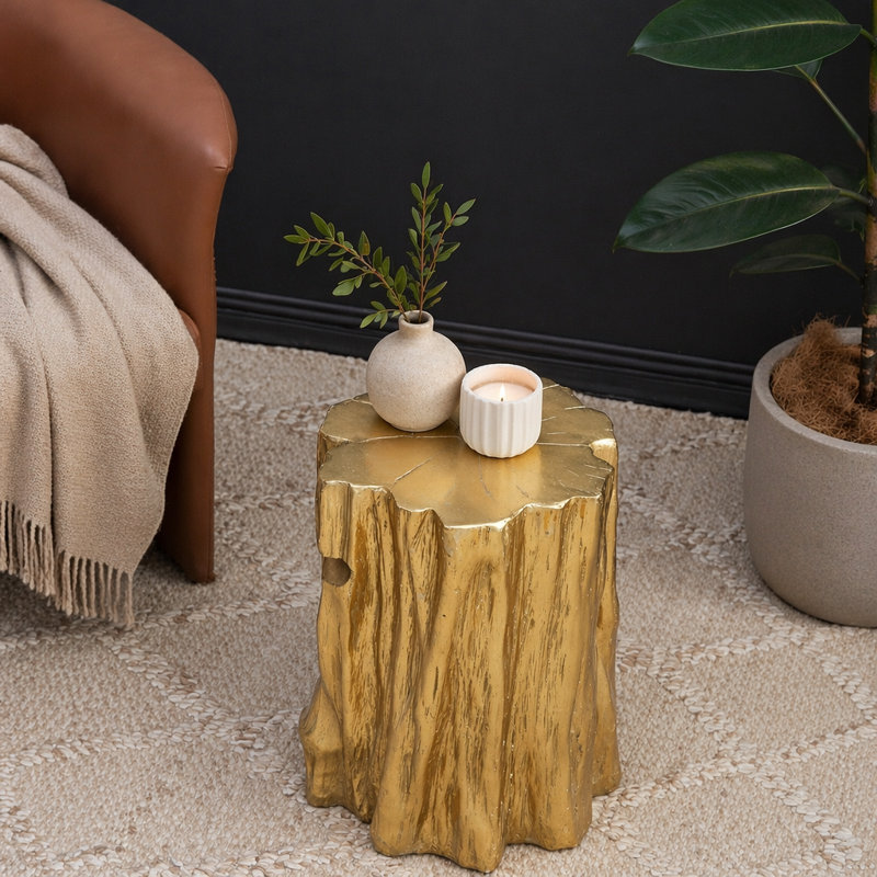 Unique Golden Tree Trunk Stool, Antique Gold Distressed Accent Side Table